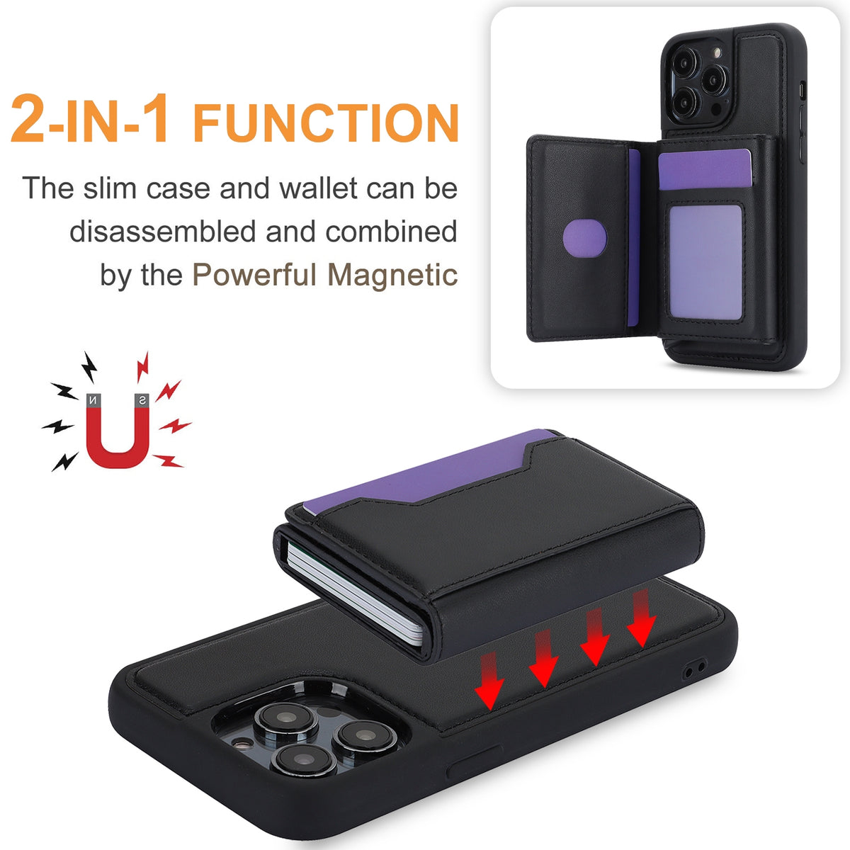 ELECTROPRIME For iPhone 15 RFID Anti-theft Detachable Card Bag Leather Phone Case(Black)