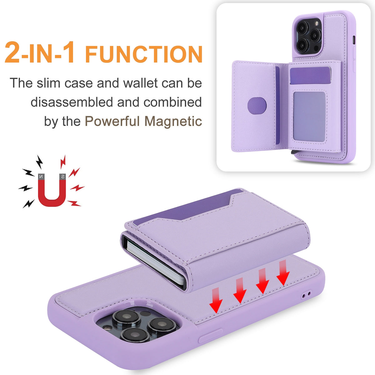 ELECTROPRIME For iPhone 15 RFID Anti-theft Detachable Card Bag Leather Phone Case(Purple)
