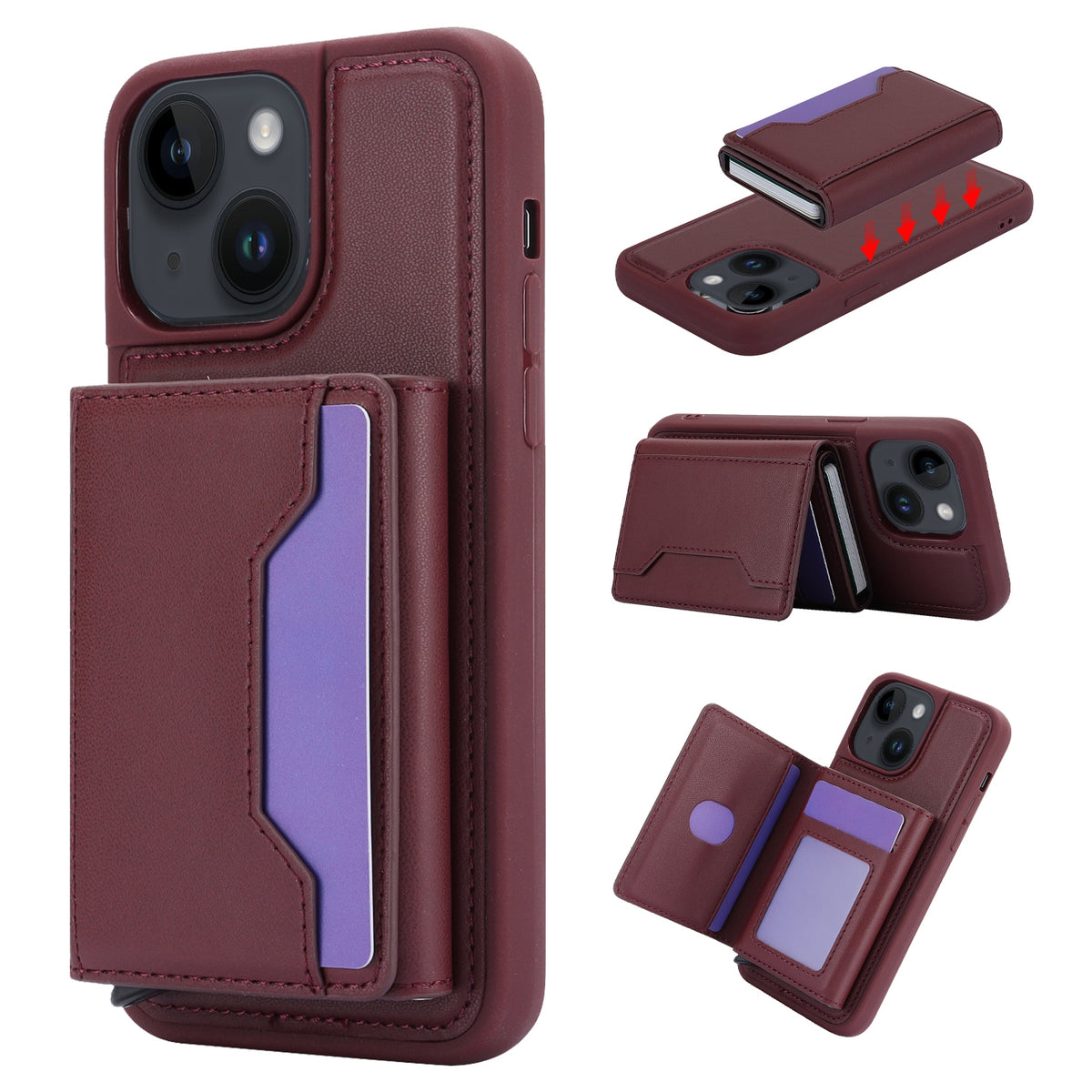 ELECTROPRIME For iPhone 15 RFID Anti-theft Detachable Card Bag Leather Phone Case(Wine Red)