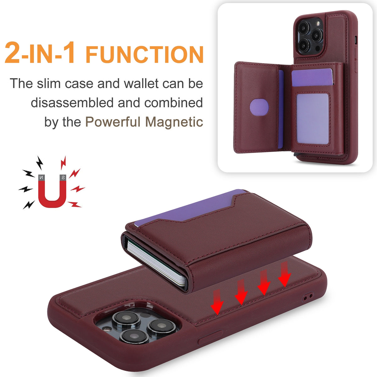 ELECTROPRIME For iPhone 15 RFID Anti-theft Detachable Card Bag Leather Phone Case(Wine Red)