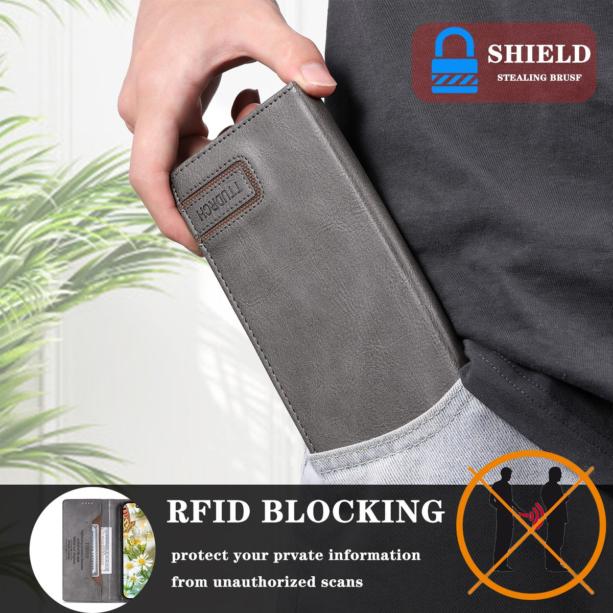 ELECTROPRIME For iPhone 15 TTUDRCH RFID Retro Texture Magnetic Leather Phone Case(Grey)