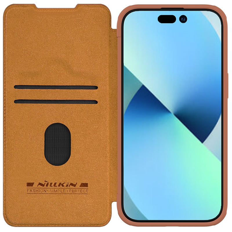 ELECTROPRIME For iPhone 15 Plus NILLKIN QIN Series Pro Sliding Camera Cover Design Leather Phone Case(Brown)