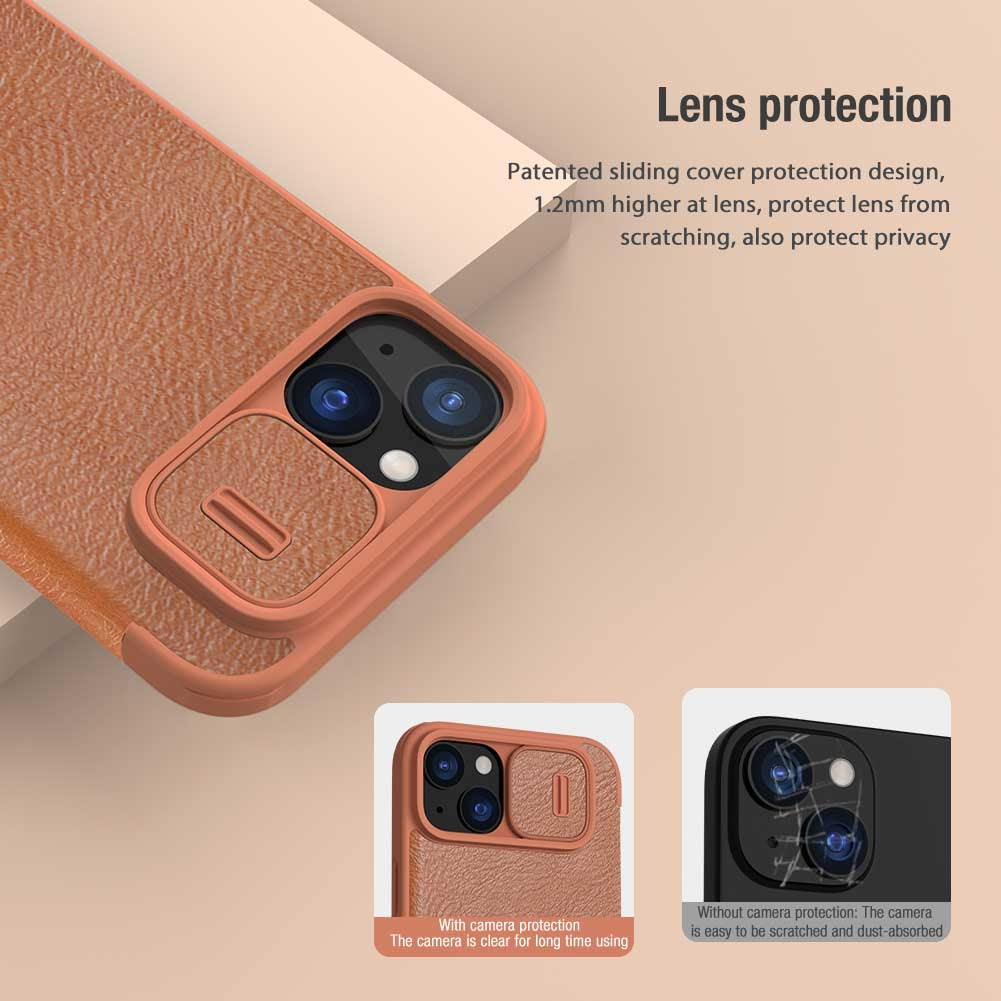 ELECTROPRIME For iPhone 15 Plus NILLKIN QIN Series Pro Sliding Camera Cover Design Leather Phone Case(Brown)