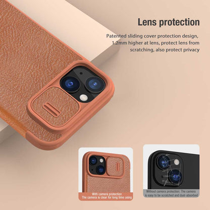 ELECTROPRIME For iPhone 15 Plus NILLKIN QIN Series Pro Sliding Camera Cover Design Leather Phone Case(Brown)