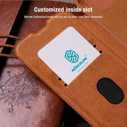 ELECTROPRIME For iPhone 15 Plus NILLKIN QIN Series Pro Sliding Camera Cover Design Leather Phone Case(Brown)