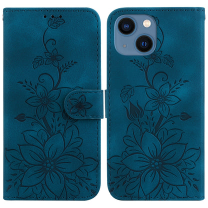 ELECTROPRIME For iPhone 15 Plus Lily Embossed Leather Phone Case(Dark Blue)
