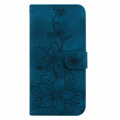 ELECTROPRIME For iPhone 15 Plus Lily Embossed Leather Phone Case(Dark Blue)