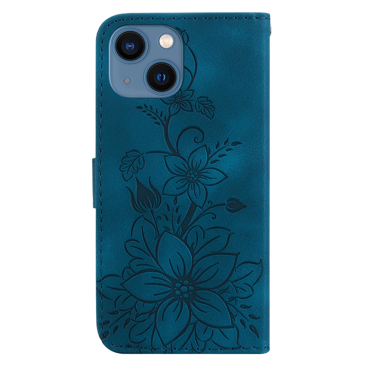 ELECTROPRIME For iPhone 15 Plus Lily Embossed Leather Phone Case(Dark Blue)