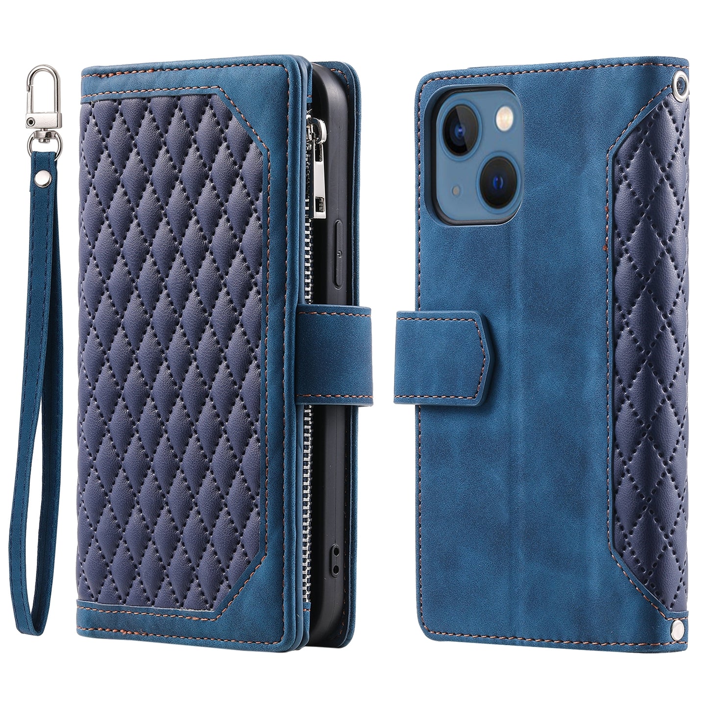 ELECTROPRIME For iPhone 15 Grid Texture Zipper Leather Phone Case with Lanyard(Blue)