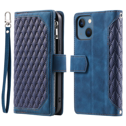 ELECTROPRIME For iPhone 15 Grid Texture Zipper Leather Phone Case with Lanyard(Blue)