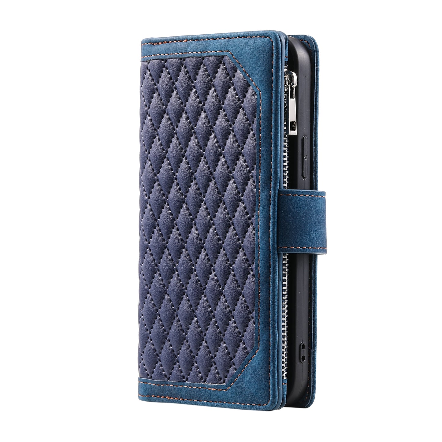 ELECTROPRIME For iPhone 15 Grid Texture Zipper Leather Phone Case with Lanyard(Blue)