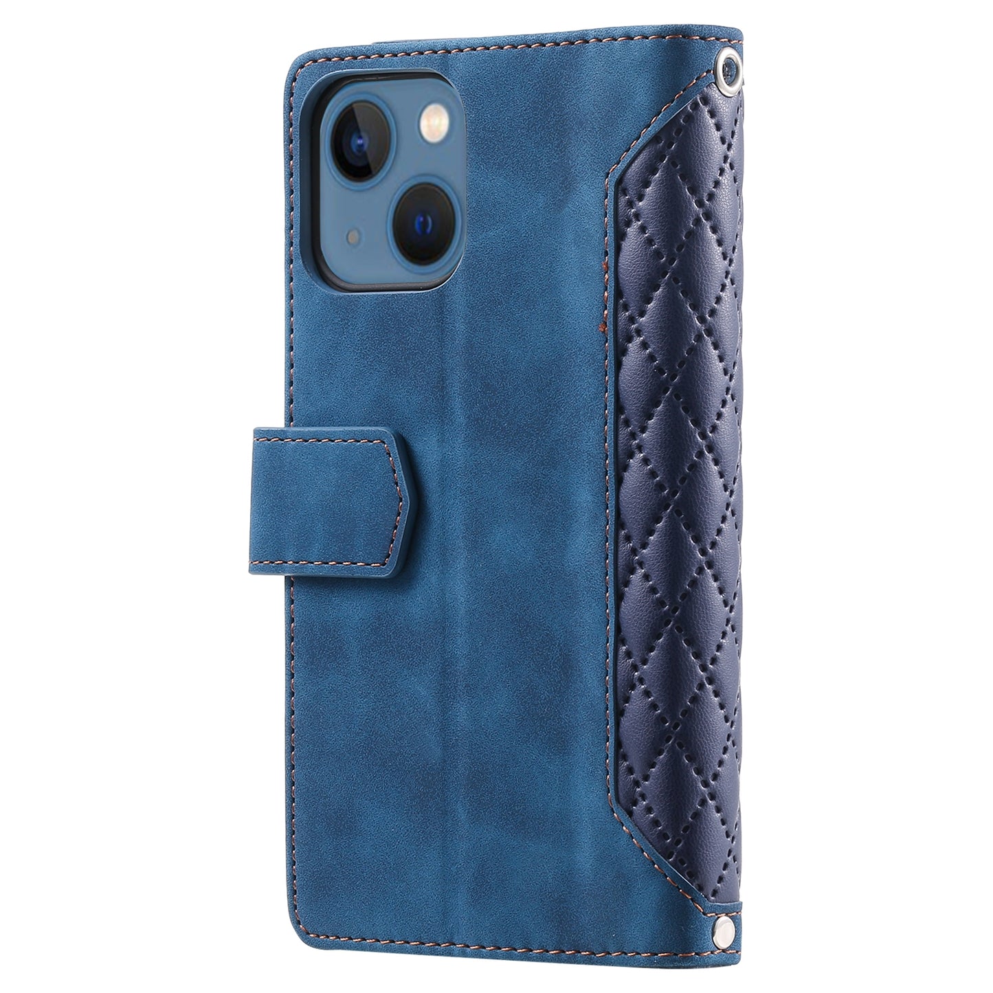 ELECTROPRIME For iPhone 15 Grid Texture Zipper Leather Phone Case with Lanyard(Blue)