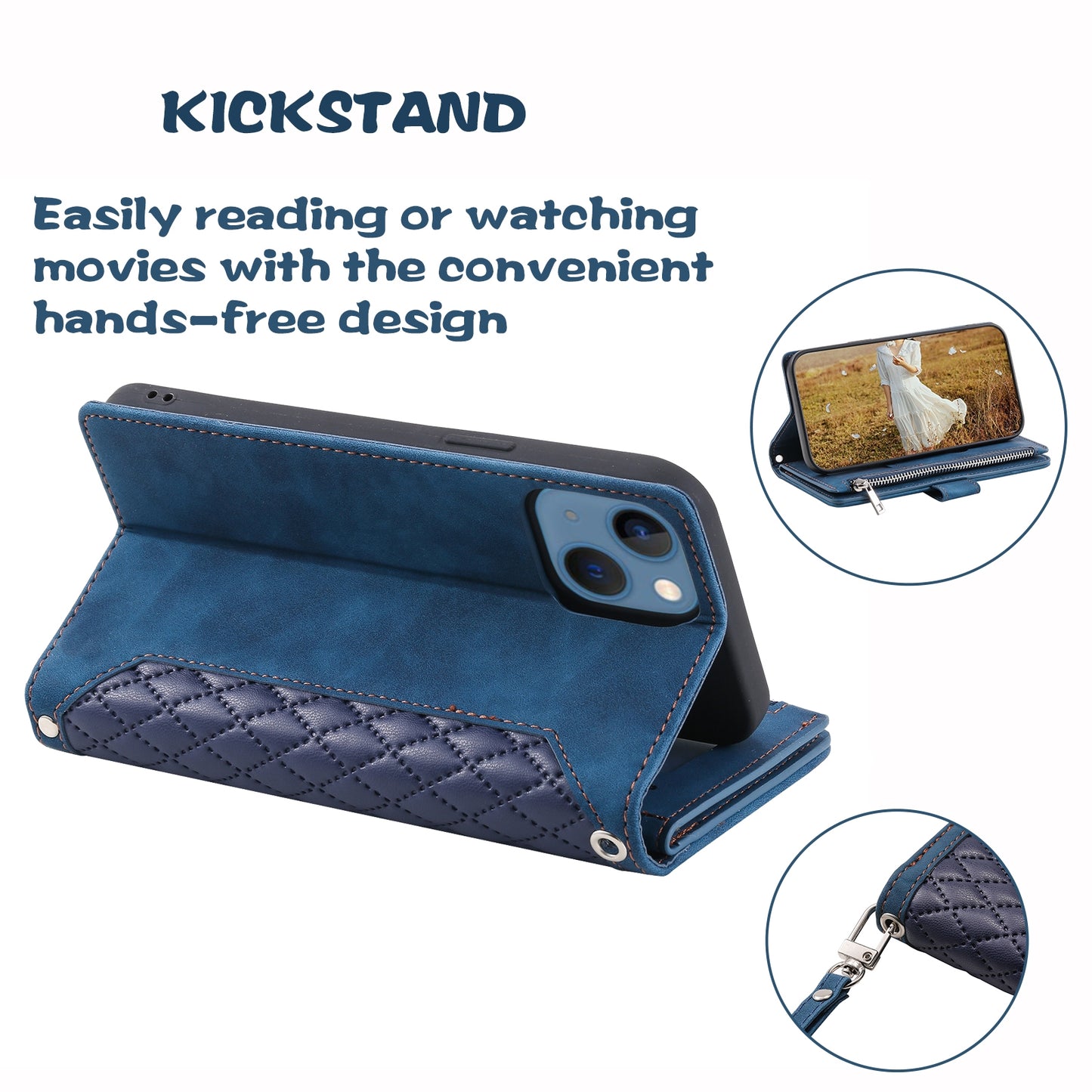 ELECTROPRIME For iPhone 15 Grid Texture Zipper Leather Phone Case with Lanyard(Blue)