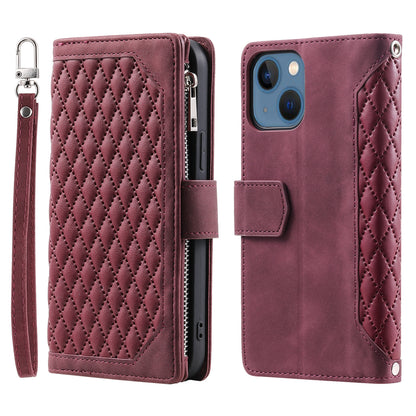 ELECTROPRIME For iPhone 15 Grid Texture Zipper Leather Phone Case with Lanyard(Wine Red)