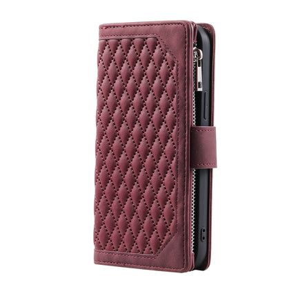 ELECTROPRIME For iPhone 15 Grid Texture Zipper Leather Phone Case with Lanyard(Wine Red)