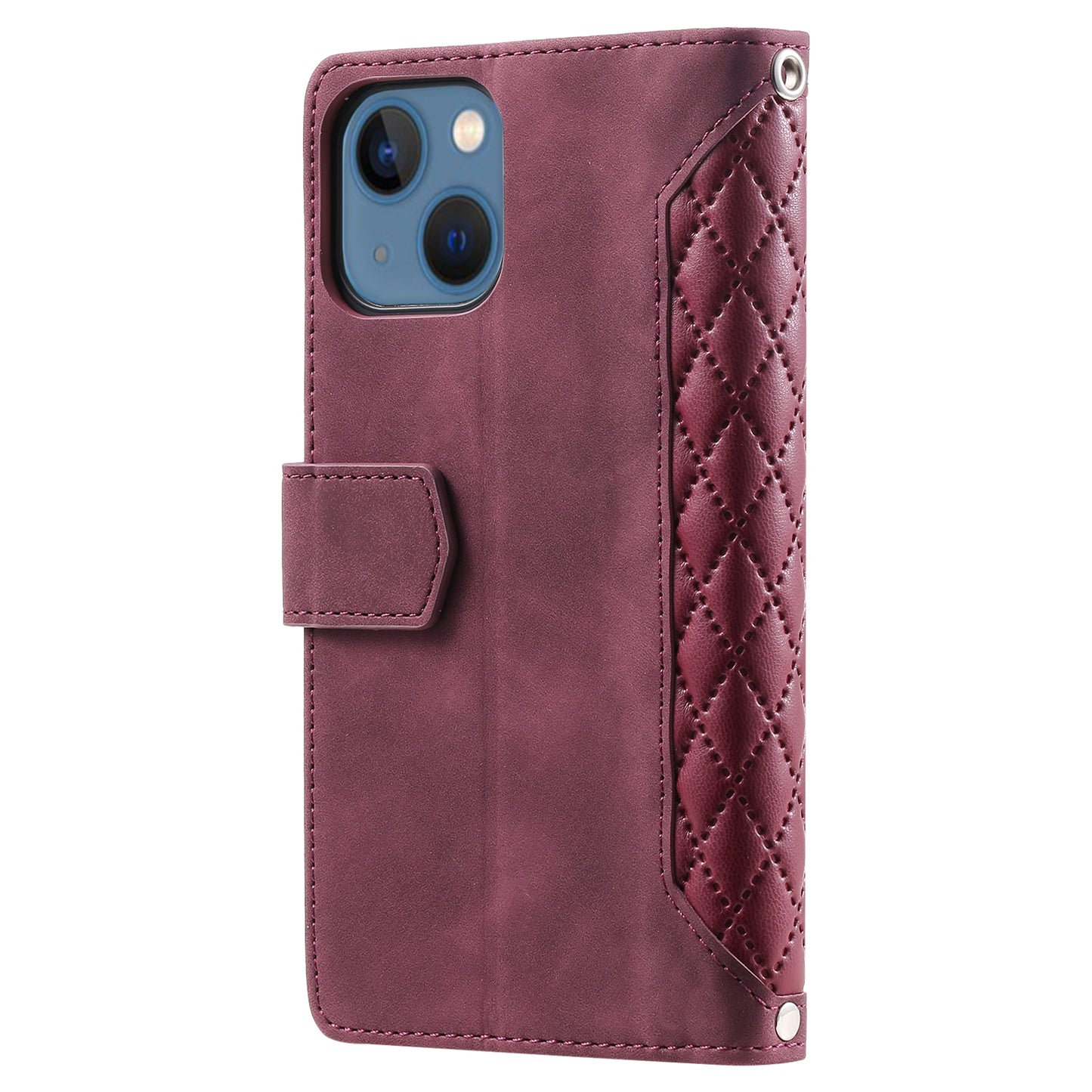 ELECTROPRIME For iPhone 15 Grid Texture Zipper Leather Phone Case with Lanyard(Wine Red)