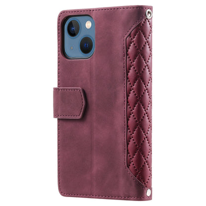 ELECTROPRIME For iPhone 15 Grid Texture Zipper Leather Phone Case with Lanyard(Wine Red)