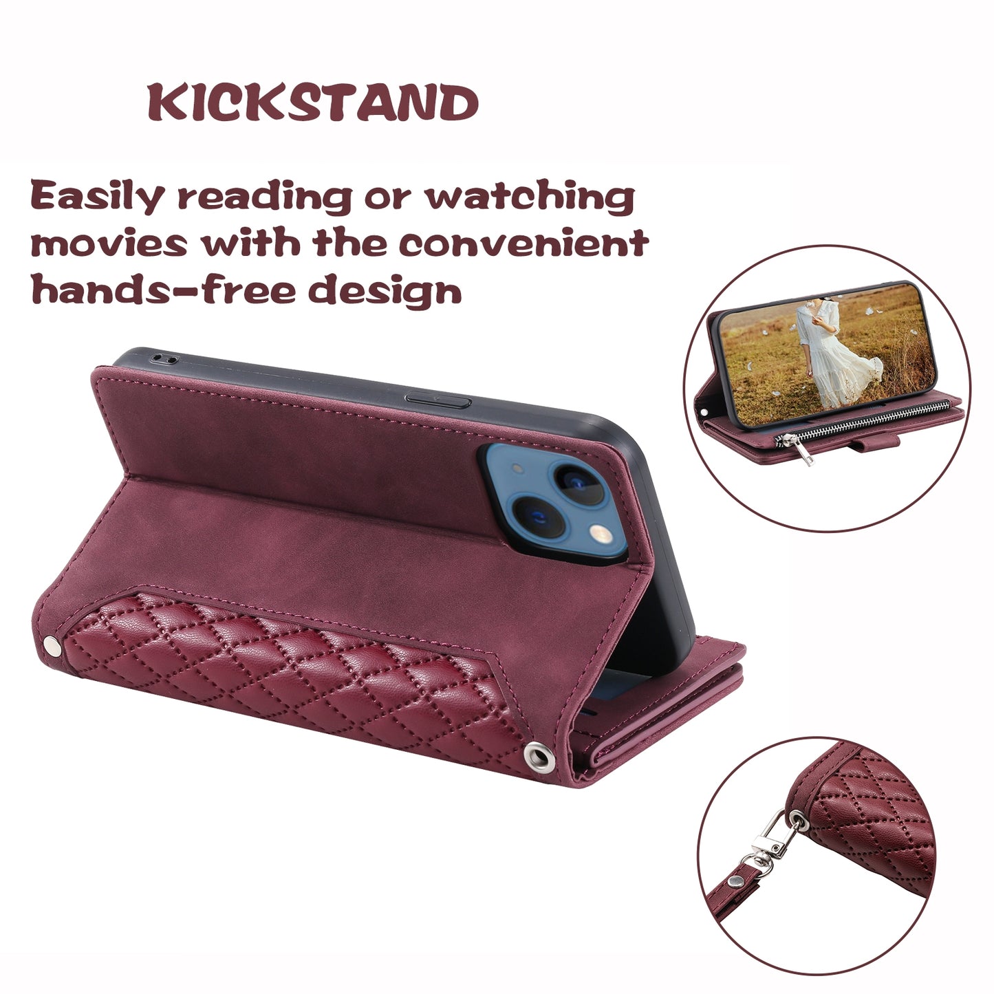 ELECTROPRIME For iPhone 15 Grid Texture Zipper Leather Phone Case with Lanyard(Wine Red)