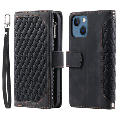 ELECTROPRIME For iPhone 15 Grid Texture Zipper Leather Phone Case with Lanyard(Black)