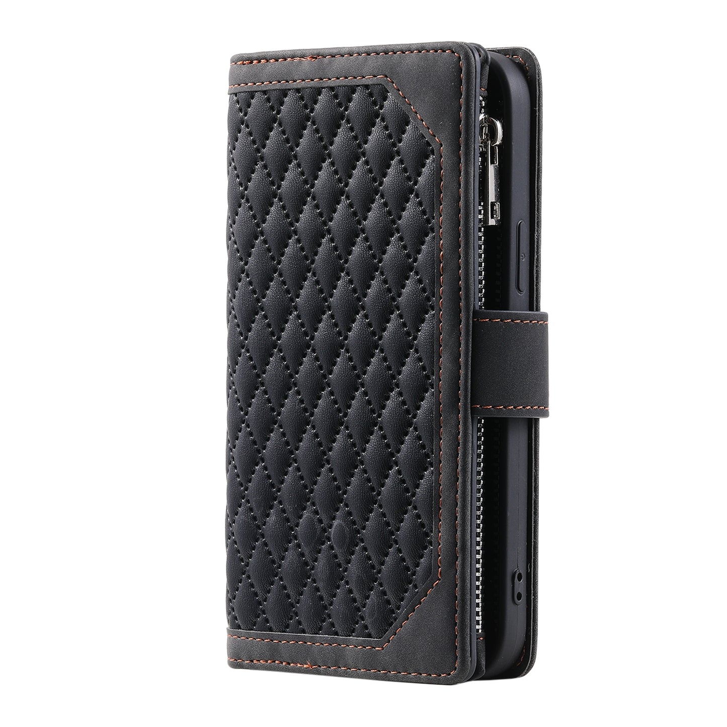 ELECTROPRIME For iPhone 15 Grid Texture Zipper Leather Phone Case with Lanyard(Black)