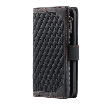 ELECTROPRIME For iPhone 15 Grid Texture Zipper Leather Phone Case with Lanyard(Black)