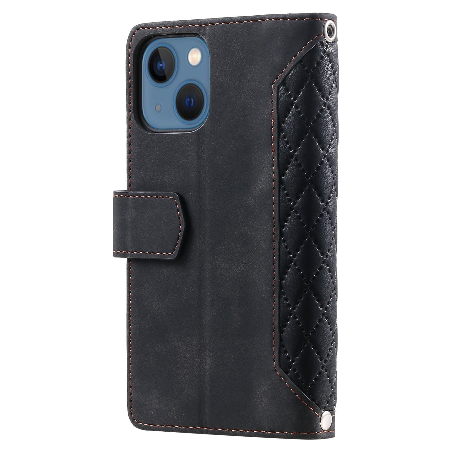 ELECTROPRIME For iPhone 15 Grid Texture Zipper Leather Phone Case with Lanyard(Black)