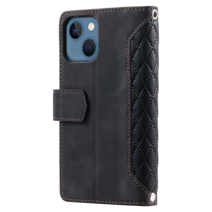 ELECTROPRIME For iPhone 15 Grid Texture Zipper Leather Phone Case with Lanyard(Black)