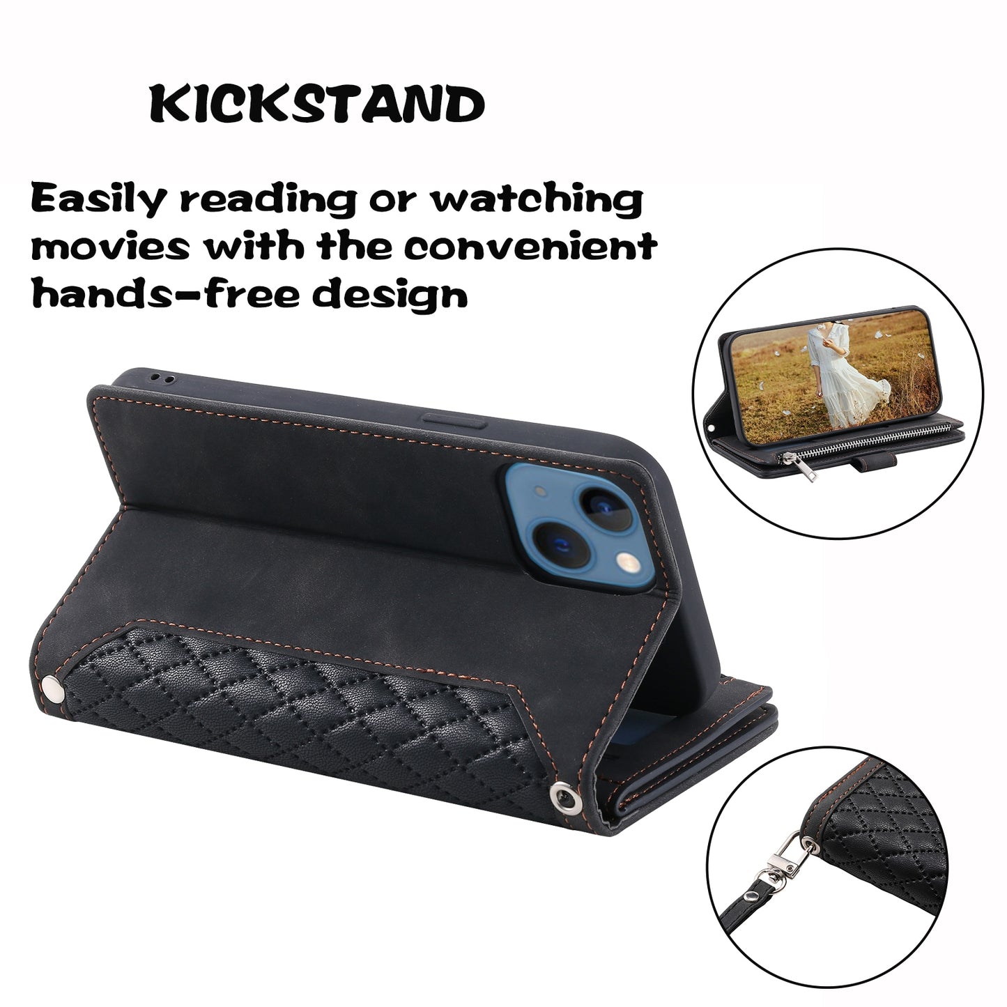 ELECTROPRIME For iPhone 15 Grid Texture Zipper Leather Phone Case with Lanyard(Black)