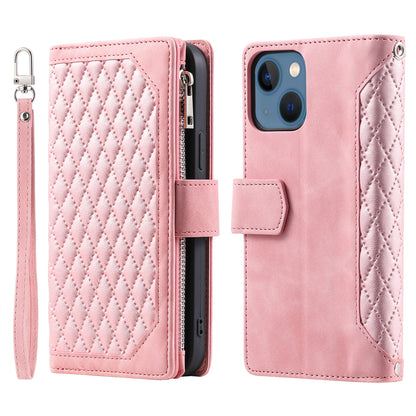 ELECTROPRIME For iPhone 15 Grid Texture Zipper Leather Phone Case with Lanyard(Rose Gold)