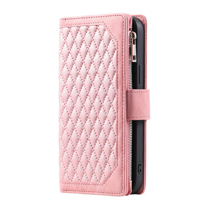 ELECTROPRIME For iPhone 15 Grid Texture Zipper Leather Phone Case with Lanyard(Rose Gold)