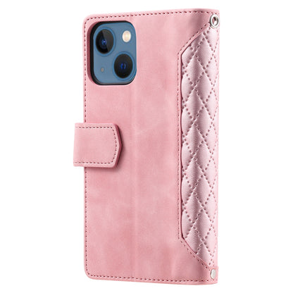 ELECTROPRIME For iPhone 15 Grid Texture Zipper Leather Phone Case with Lanyard(Rose Gold)