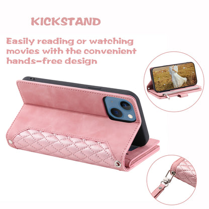 ELECTROPRIME For iPhone 15 Grid Texture Zipper Leather Phone Case with Lanyard(Rose Gold)