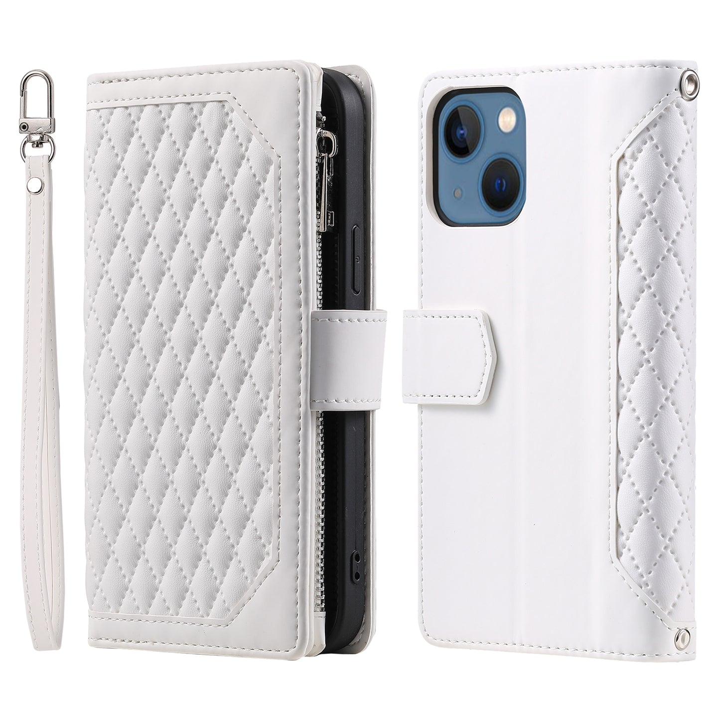 ELECTROPRIME For iPhone 15 Grid Texture Zipper Leather Phone Case with Lanyard(White)