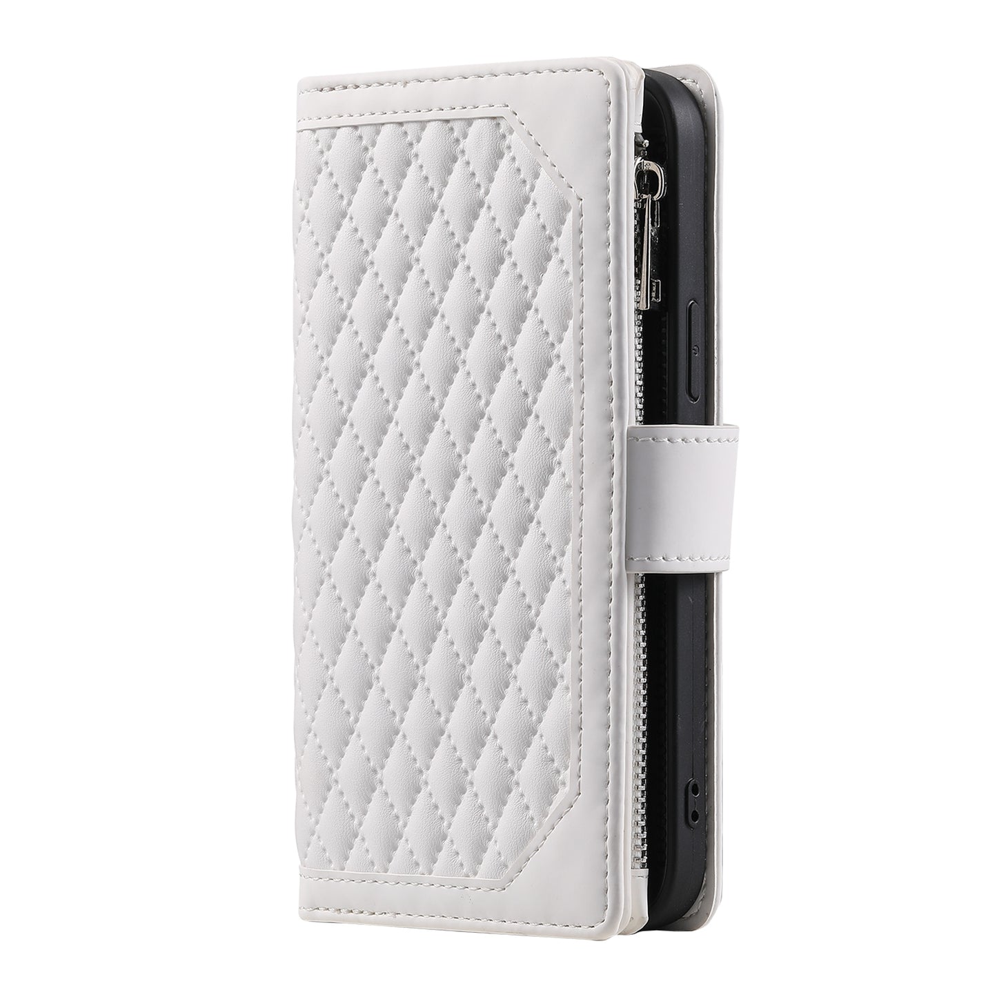 ELECTROPRIME For iPhone 15 Grid Texture Zipper Leather Phone Case with Lanyard(White)