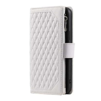 ELECTROPRIME For iPhone 15 Grid Texture Zipper Leather Phone Case with Lanyard(White)