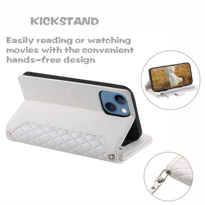 ELECTROPRIME For iPhone 15 Grid Texture Zipper Leather Phone Case with Lanyard(White)