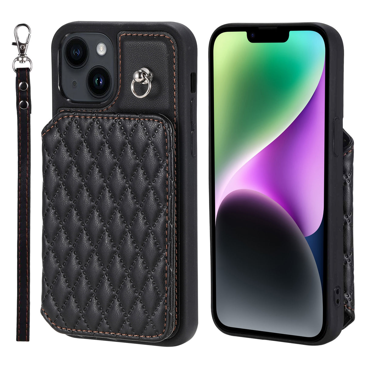 ELECTROPRIME For iPhone 15 Plus Grid Texture Card Bag Phone Case with Lanyard(Black)