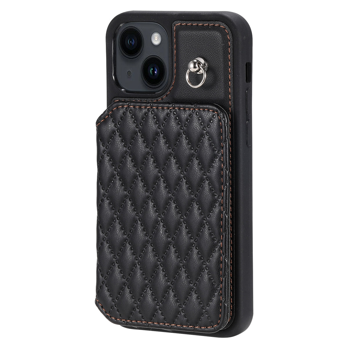 ELECTROPRIME For iPhone 15 Plus Grid Texture Card Bag Phone Case with Lanyard(Black)