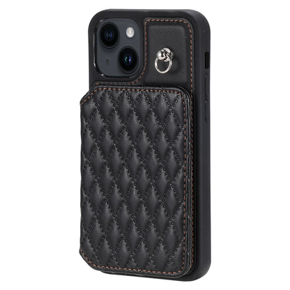 ELECTROPRIME For iPhone 15 Plus Grid Texture Card Bag Phone Case with Lanyard(Black)