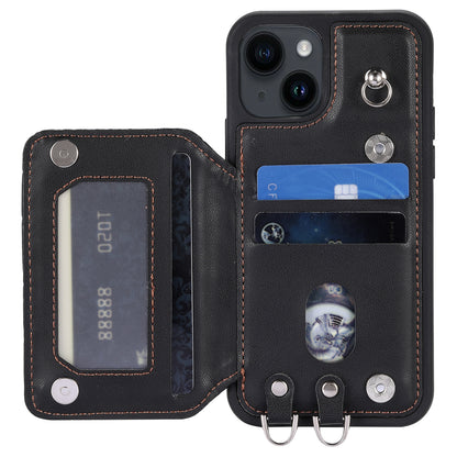 ELECTROPRIME For iPhone 15 Plus Grid Texture Card Bag Phone Case with Lanyard(Black)