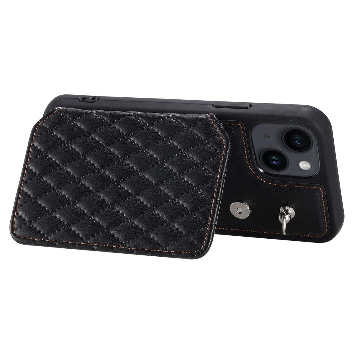 ELECTROPRIME For iPhone 15 Plus Grid Texture Card Bag Phone Case with Lanyard(Black)