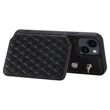 ELECTROPRIME For iPhone 15 Plus Grid Texture Card Bag Phone Case with Lanyard(Black)