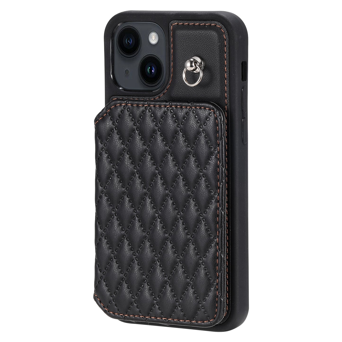ELECTROPRIME For iPhone 15 Grid Texture Card Bag Phone Case with Lanyard(Black)