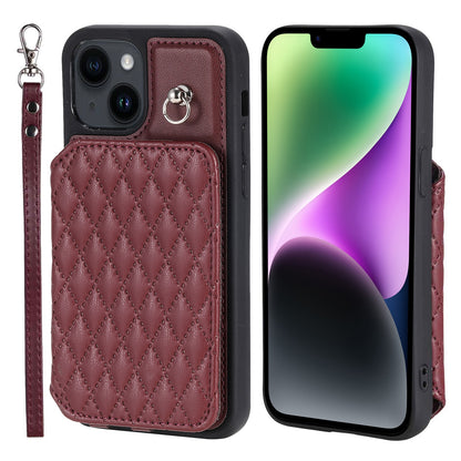 ELECTROPRIME For iPhone 15 Grid Texture Card Bag Phone Case with Lanyard(Red)
