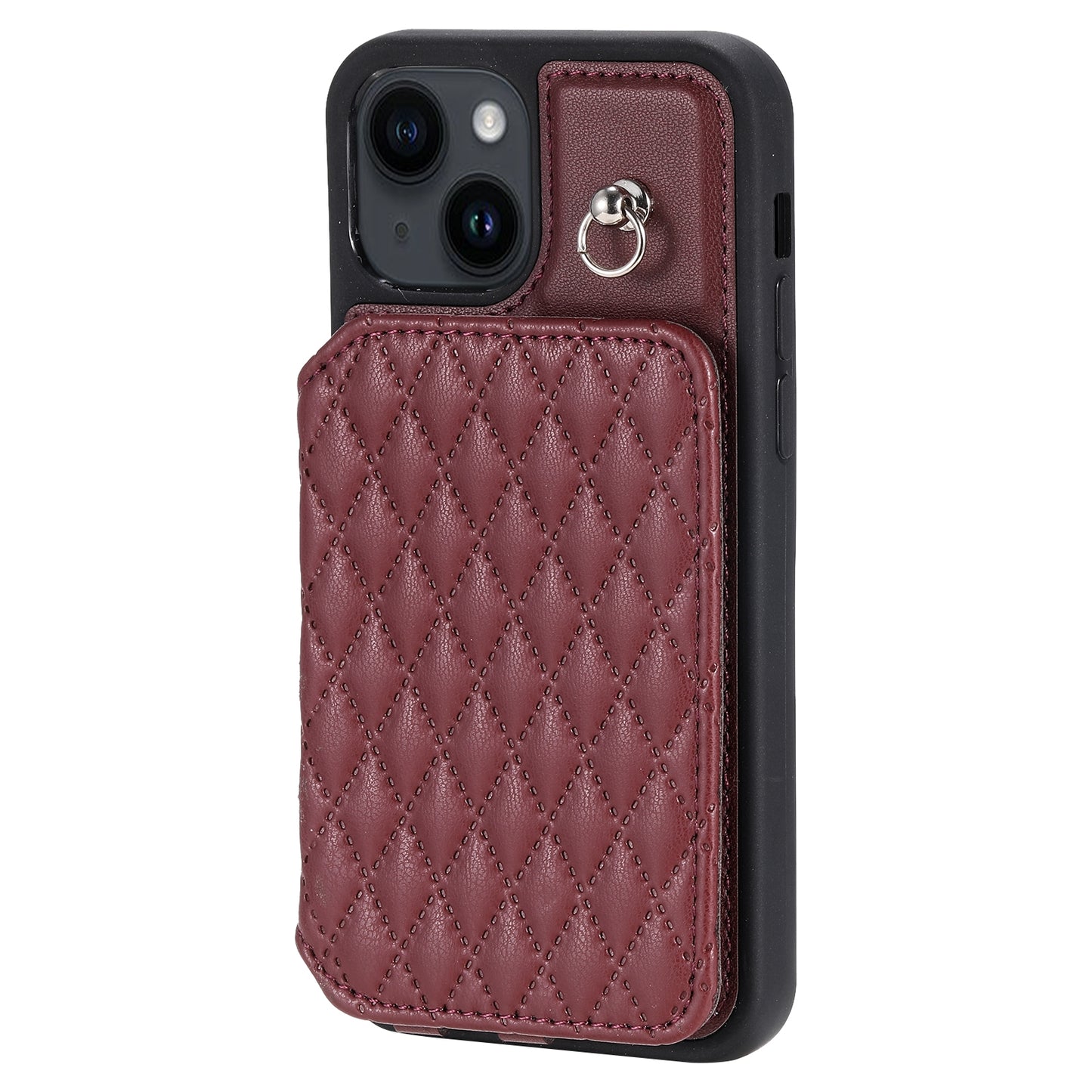 ELECTROPRIME For iPhone 15 Grid Texture Card Bag Phone Case with Lanyard(Red)
