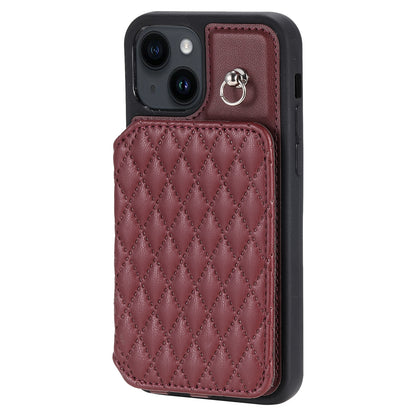 ELECTROPRIME For iPhone 15 Grid Texture Card Bag Phone Case with Lanyard(Red)