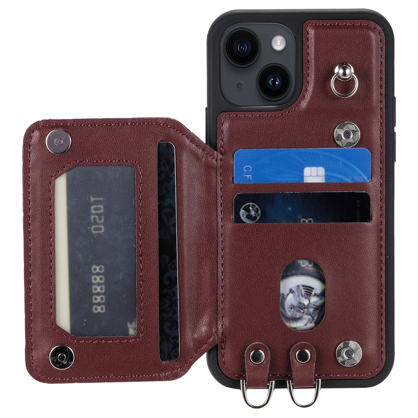 ELECTROPRIME For iPhone 15 Grid Texture Card Bag Phone Case with Lanyard(Red)