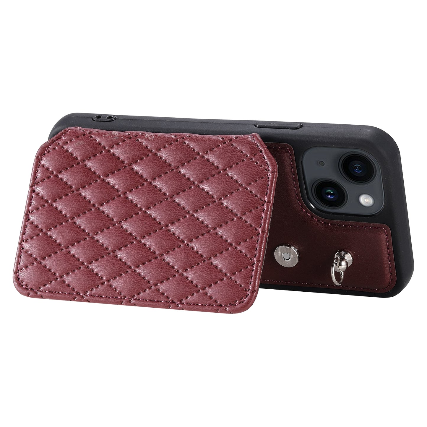 ELECTROPRIME For iPhone 15 Grid Texture Card Bag Phone Case with Lanyard(Red)