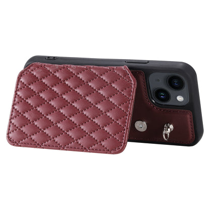 ELECTROPRIME For iPhone 15 Grid Texture Card Bag Phone Case with Lanyard(Red)