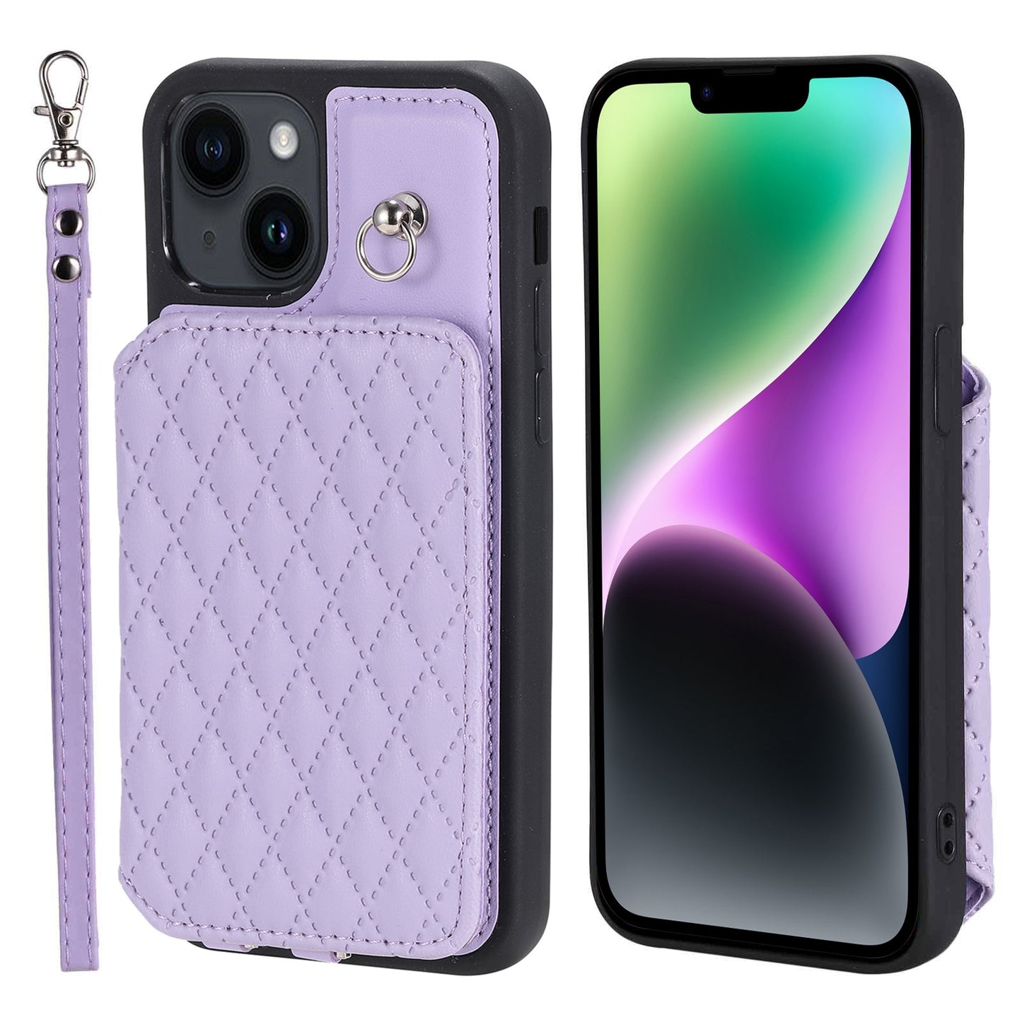 ELECTROPRIME For iPhone 15 Grid Texture Card Bag Phone Case with Lanyard(Purple)